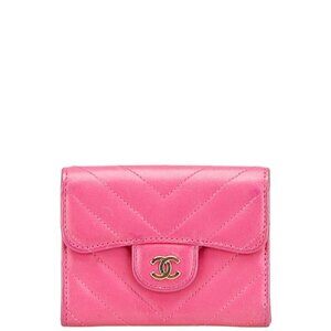 CHANEL Pink Lambskin Leather Logo Wallet